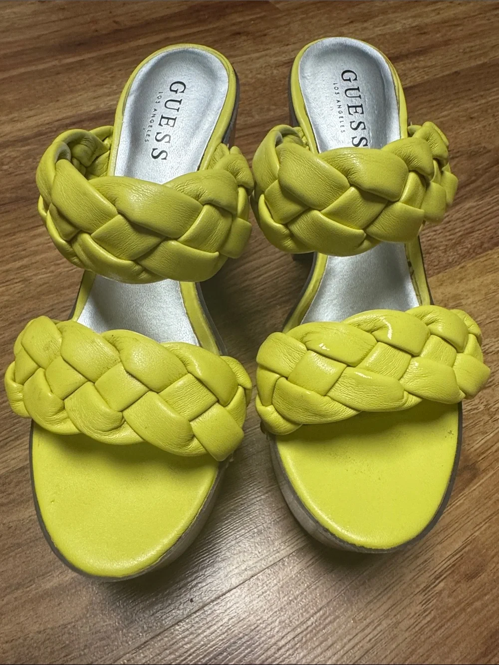 GUESS Yellow Braided Double-Strap Platform Mules